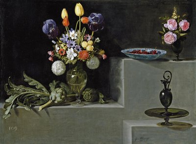 Still Life with Flowers, Artichokes, Cherries and Glassware by Juan van der Hamen